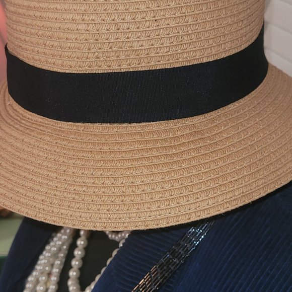 Ann Taylor Factory Fedora Straw Hat w/ Navy Bow Ribbon - Picture 7 of 7